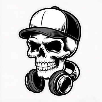 Skull wearing headphones and baseball cap isolated on white background

