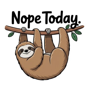 Cute sloth hanging on a colorful branch with text isolated on white background

