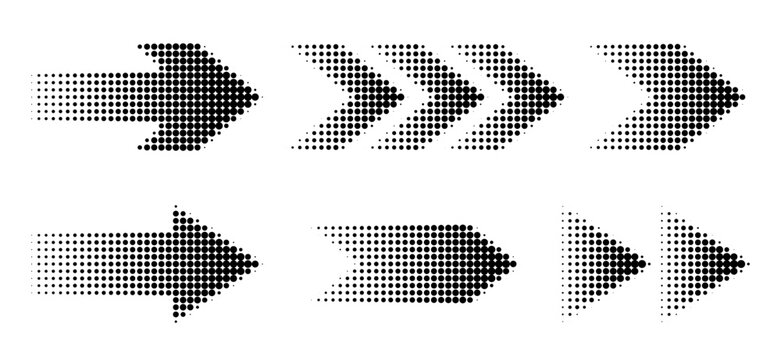Halftone pattern arrows with gradient dot textures. Futuristic graphic pointers and directional symbols for modern digital designs and abstract backgrounds.