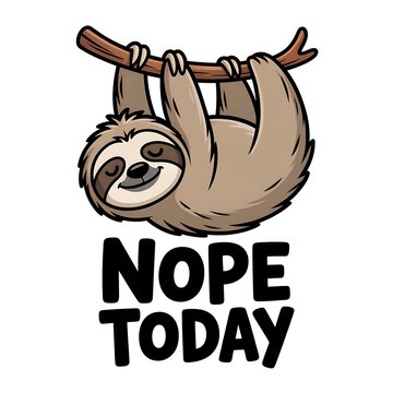 Sloth hanging from branch with nope today text isolated on white background

