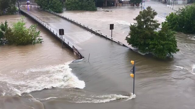 Aerial view of a street or road completely flooded in the center of a U.S. city.