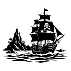Pirate ship at sea with tropical island silhouette, tropical © vexeledge