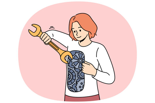 Woman independently restores mental health by repairing mechanism inside herself. Girl independently strives for progress, using wrench to improve gears that form positive personal qualities