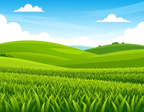 Cartoon-style illustration depicts a rolling green landscape with layered hills, lush grass, blue sky, and fluffy white clouds