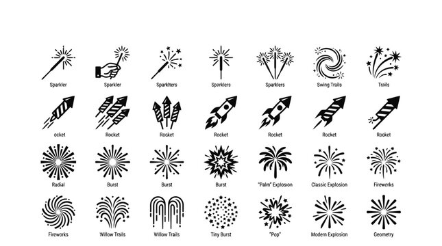 Fireworks and sparkler icon vector collection featuring rockets bursts explosions celebration and festive party symbolsFireworks and sparkler icon vector collection featuring rockets bursts explosions
