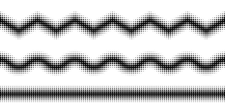 Halftone horizontal lines in wave, zigzag, and straight shapes. Dotted stripe textures for a border or divider in a retro style.