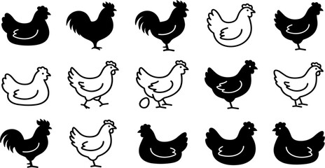 Chicken and Rooster Line Icon Set with Farm Hen, Cockerel Silhouettes, and Egg Symbols for Poultry Farming Logos, Livestock Products, and Agricultural Apps © Md Monjurul