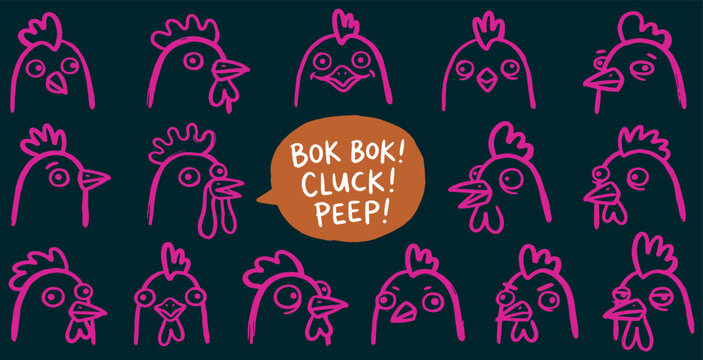 A collection of cartoon chicken heads with different expressions and the words Bok Bok Cluck Peep.