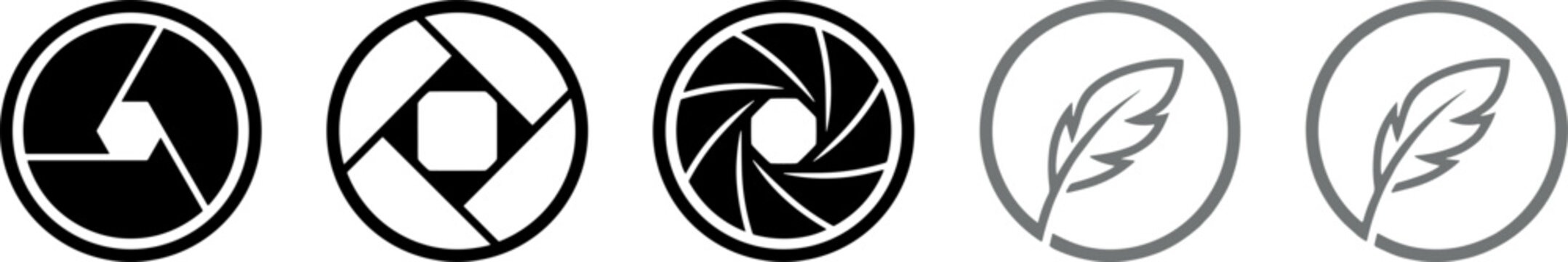 Camera aperture shutter and feather quill pen circular icon set representing creative photography writing and digital journalism content