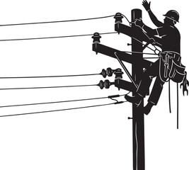 Obraz premium Silhouette of lineman working on power pole with wires worker
