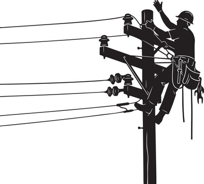 Silhouette of lineman working on power pole with wires worker