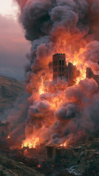 Mongol warriors lay siege to the Alamut fortress amidst flames and chaos
