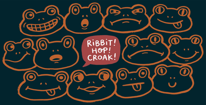 A collection of cartoon frog faces showing various emotions and expressions, with a speech bubble saying Ribbit Hop Croak.