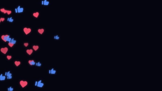 Social media live stream reactions, flying blue likes thumbs up and red hearts icons on black background, vertical loop animation