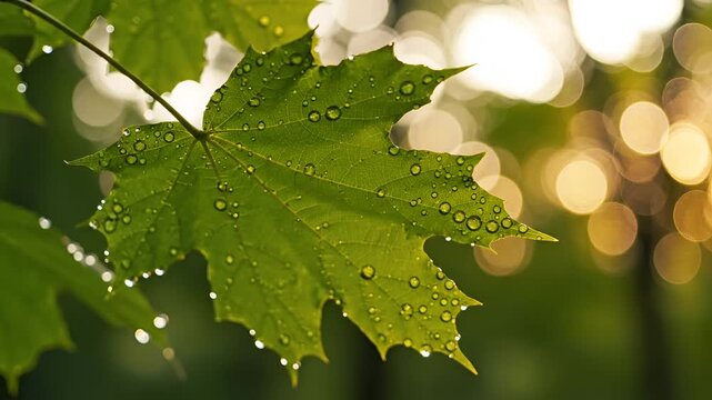 Closeup of a green maple leaf with water droplets after rain.