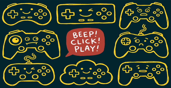 Collection of cute and funny video game controllers with different emotions and expressions.
