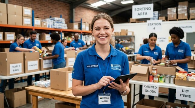 Portrait of happy young female volunteer in blue uniform using tablet pc and smiling at camera while standing indoors. Team sorting, packing items in the background