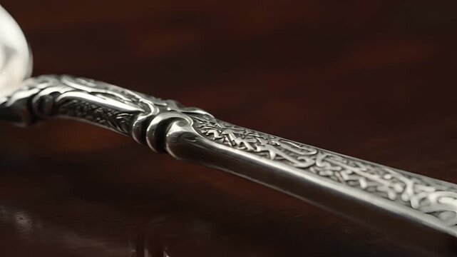 Closeup of an antique silver spoon with intricate detailing on the handle.