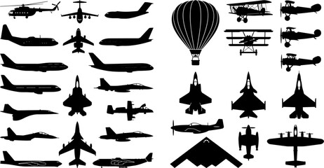 Aircraft silhouette illustration collection featuring modern airplanes, jets, helicopters, vintage biplanes, hot air balloons, and propeller aircraft for design concepts © Mukti