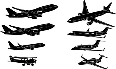 Airplane silhouette illustration collection featuring commercial jets, private aircraft, and biplanes, symbolizing aviation, travel, lifestyle, creativity, and design concepts © Mukti
