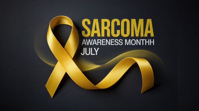 July Sarcoma Awareness Month Yellow Ribbon and Glow Effect on Dark Black Background
