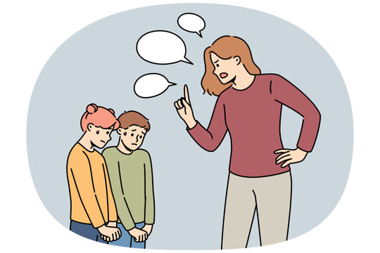 Evil stepmother scolds children who are afraid and look down guiltily in anticipation of punishment. Mom scolds son and daughter, raising and reprimanding after pranks or getting bad grades at school