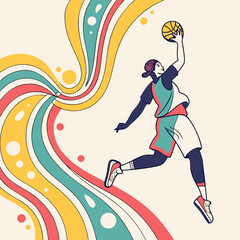 Basketball player jumping to dunk with colorful abstract background slam dunk team sport © hiya