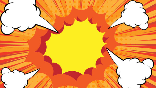 Vibrant comic book style explosion with speech bubbles on orange background