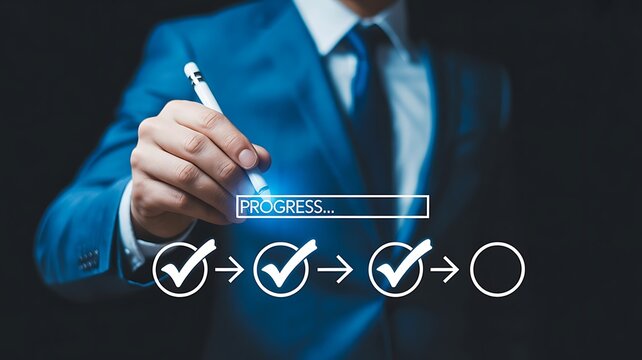 Progress checklist workflow and task completion tracking concept. Person selecting check mark steps with progress bar, project milestone, approval process, productivity