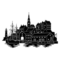 Fototapeta premium Coastal harbor town silhouette with tall ship lighthouse