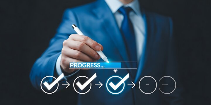 Progress checklist workflow and task completion tracking concept. Person selecting check mark steps with progress bar, project milestone, approval process, productivity
