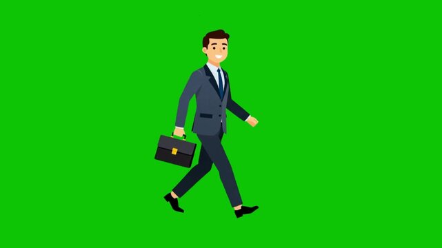 Animated businessman in a suit walking with a briefcase on a green screen background, ready for compositing.