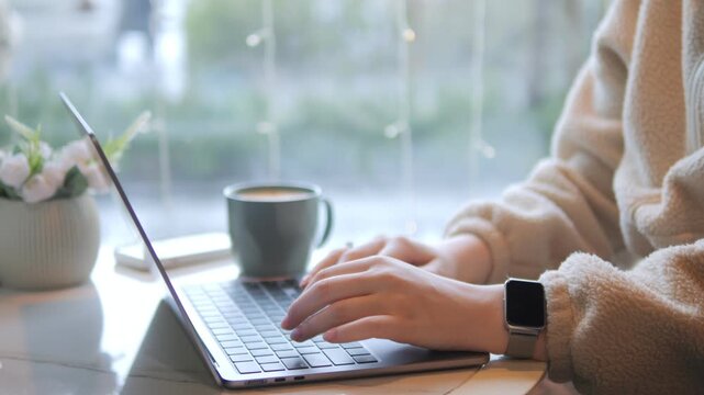 Person types on laptop near window. Coffee mug and plant nearby. Calm, focused workspace atmosphere. Perfect for remote work or study scenes. Suitable for business, education, or lifestyle content