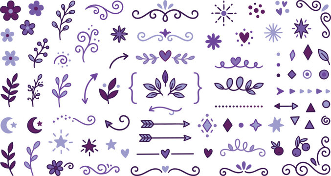 Purple hand drawn decorative element vector set featuring floral dividers swirls arrows borders stars hearts botanical leaves corner frames and vignettes