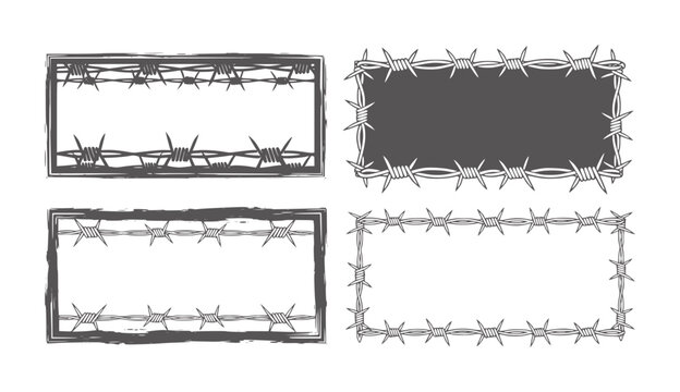 Four rectangular frames made of barbed wire and rough brush strokes border rectangle
