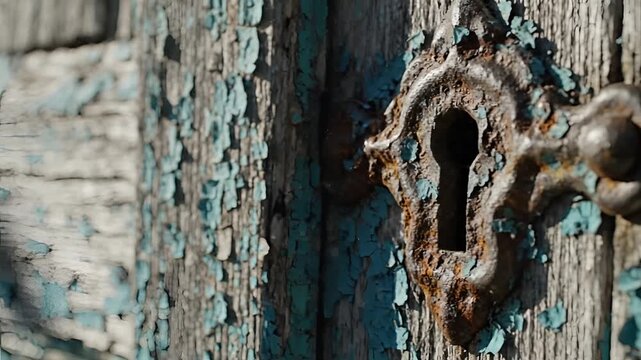 Closeup of weathered wooden door with peeling paint and rusty lock.