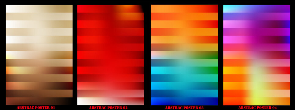 Abstract posters collection, horizontal geometric rectangle stripes, warm gold red and vibrant colorful gradients on blurred backgrounds, defocused color templates for creative graphic design layouts