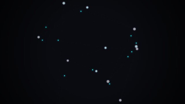 Futuristic network particles, glowing blue and white nodes drift and connect in seamless loop, dark digital background with subtle grid, symbolizing connectivity and data flow