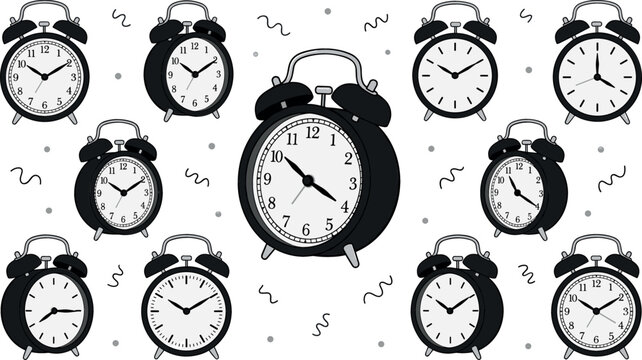 Seamless black alarm clock pattern vector background with twin bell timepieces showing different hours scattered over white backdrop for textile wallpaper design.
