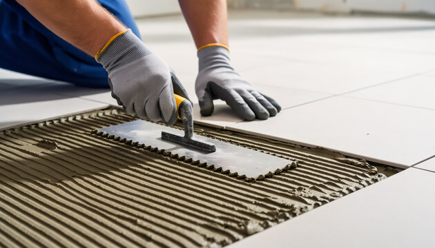 Close-up of a tiler wearing protective gloves using a notched steel trowel to evenly spread gray adhesive mortar on the floor for ceramic tile installation