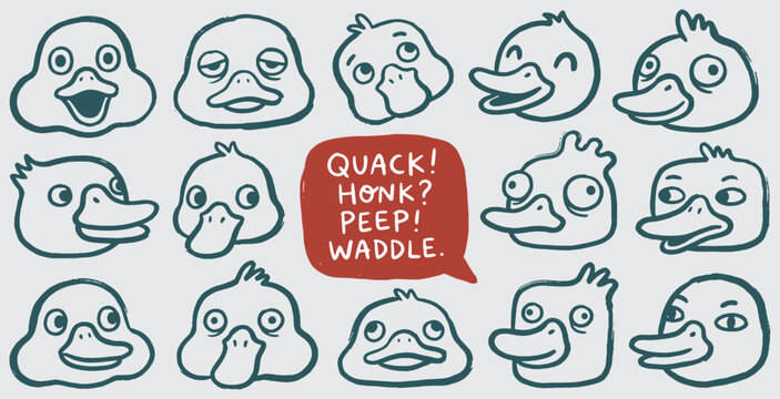 Collection of cute cartoon duck faces with various expressions and sounds.