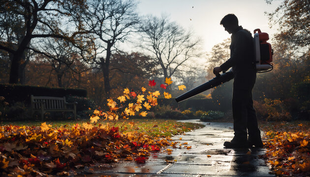 Silhouette of a gardener using a powerful petrol backpack leaf blower to clear bright orange autumn leaves from a wet stone pathway in a park at sunset