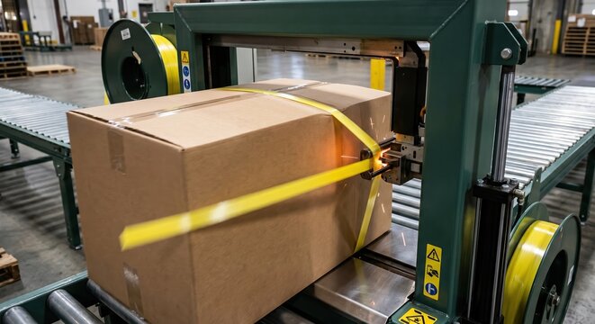 Heavy industrial cardboard box passing through an automated archway strapping machine