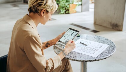 Naklejka premium Creative Female Architect and Interior Designer Reviewing Blueprint Layout on Digital Tablet and Paper at Stone Table in Bright Modern Architectural Office Workspace, High Angle Shot
