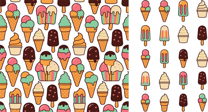 Seamless ice cream pattern and colorful summer dessert icons set with popsicles waffle cones soft serve scoops for textile wrapping paper background design.