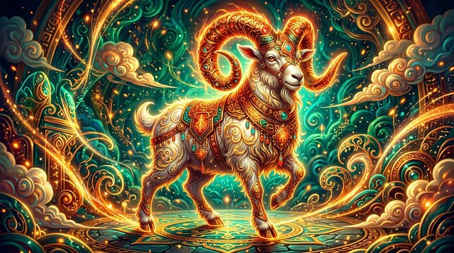 Majestic goat as a symbol of the year 2027 decorated with intricate golden armor. Chinese zodiac sign illustration for lunar new year celebration. Fantasy mystical aura and cosmic energy