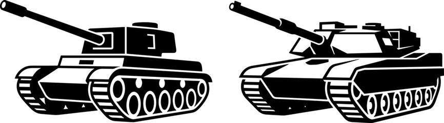 Military tank silhouette illustration collection featuring classic and modern armored vehicles, symbolizing defense, machinery, lifestyle, creativity, and design concepts © Mukti