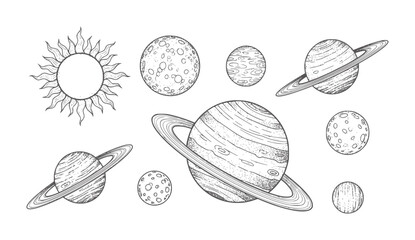 Hand drawn sun and planets with rings and craters in style space galaxy solar © Mohammad
