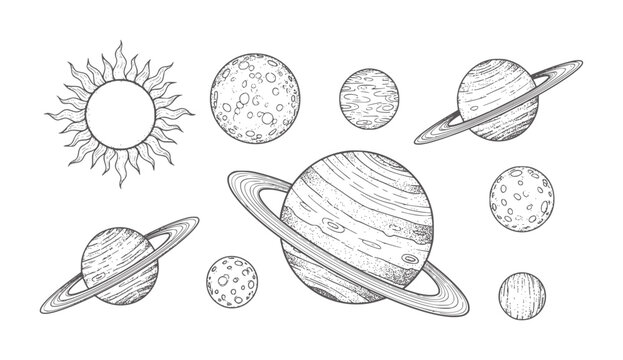 Hand drawn sun and planets with rings and craters in style space galaxy solar