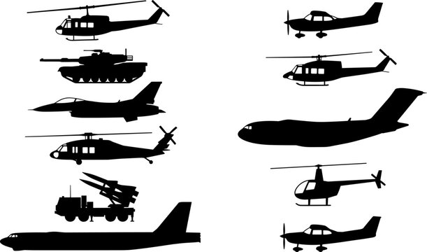 Military vehicle and aircraft silhouette collection featuring helicopters, fighter jets, tanks, cargo planes and defense transportation systems